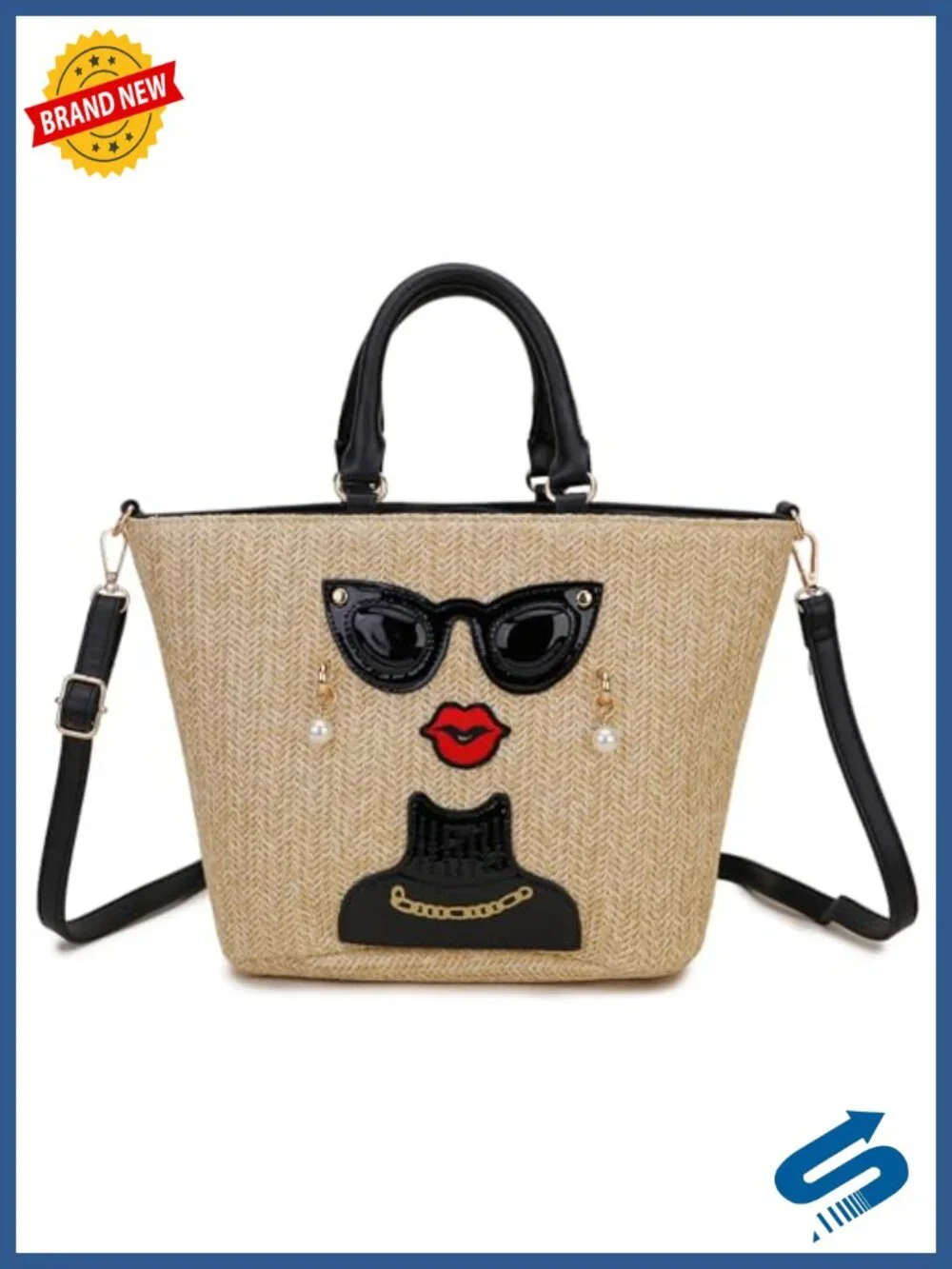 Funky Lady Face Straw Tote Bag Woven Top Handle Satchel Crossbody Purse